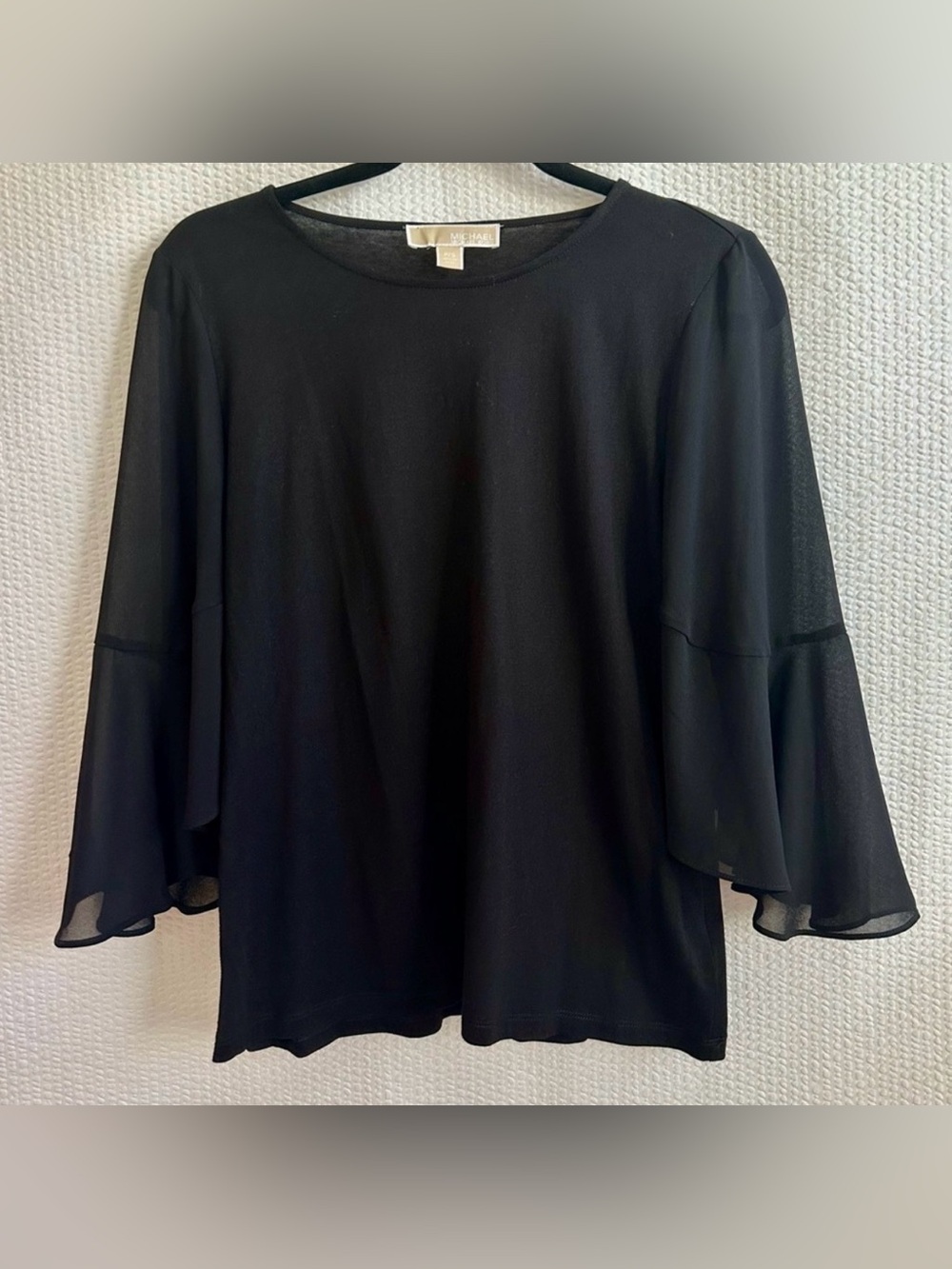 Michael Kors Black Bell Sleeve Blouse Petite Small Sheer Trim Dressy Top